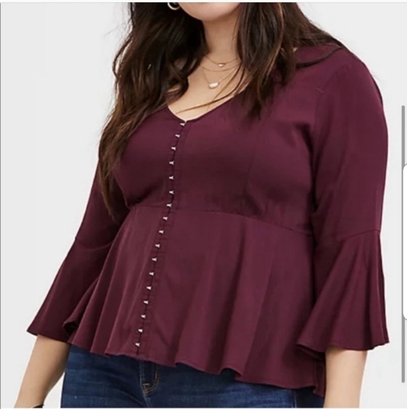 Torrid Maroon Burgundy Hook and Eye Bell Sleeve Top 5 - Picture 3 of 10
